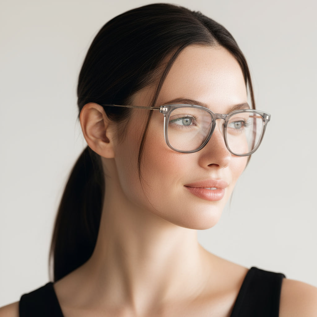 Beige plastic and metallic eyeglasses