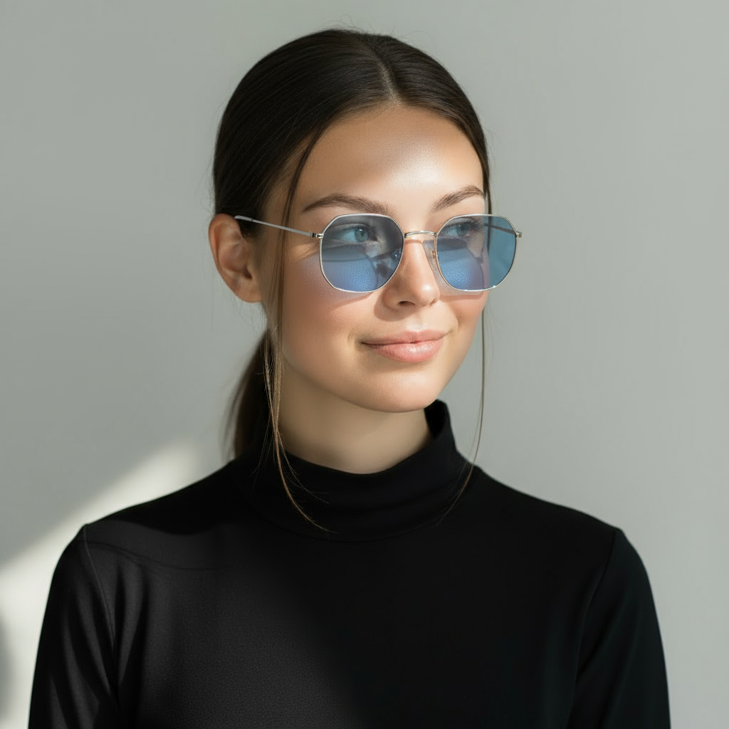 Geometric minimal silver and blue sunglasses