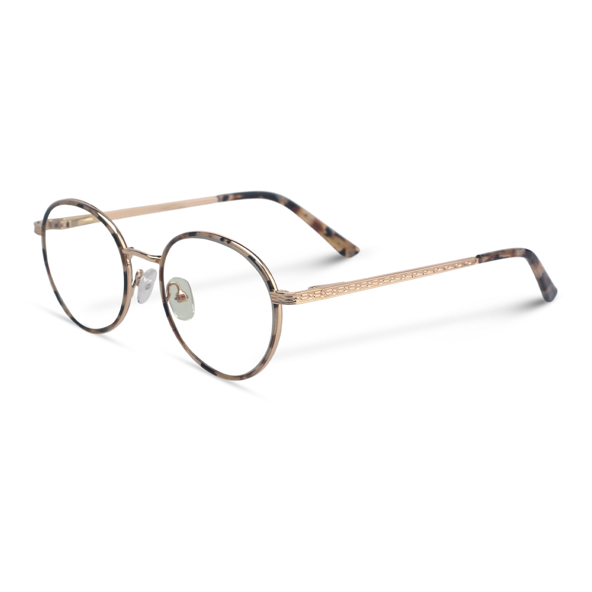 Round tortoise and gold eyeglasses