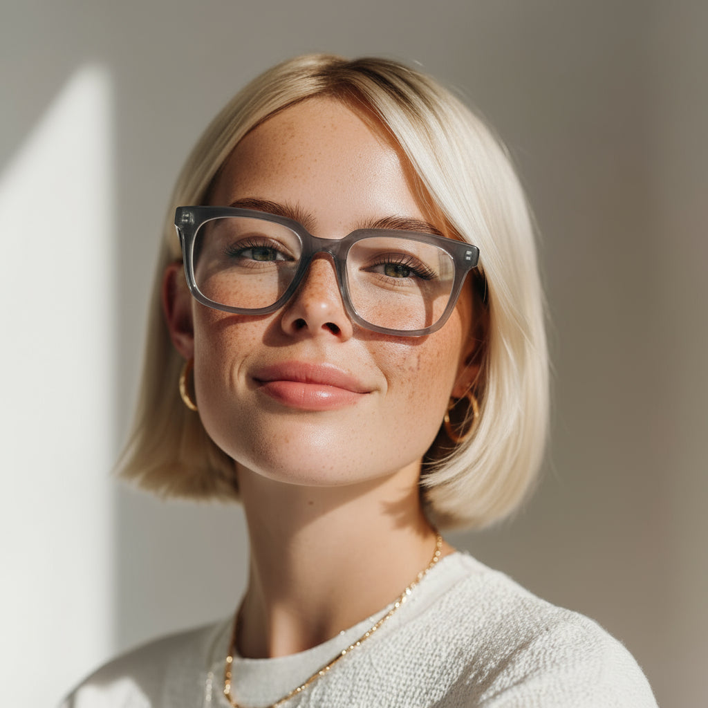 grey square plastic eyeglasses