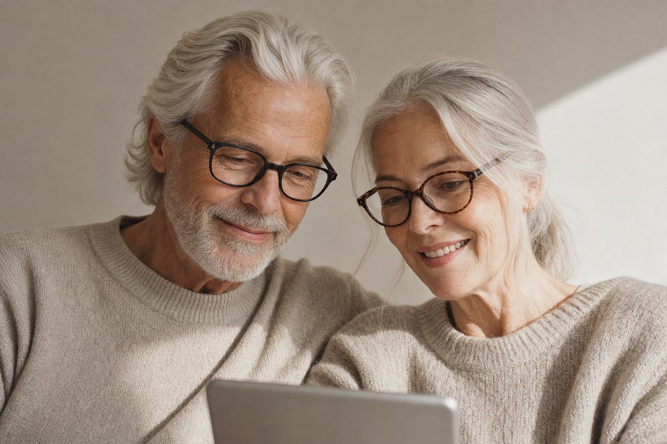 Older Scandinavian couple wearing Specler glasses at home